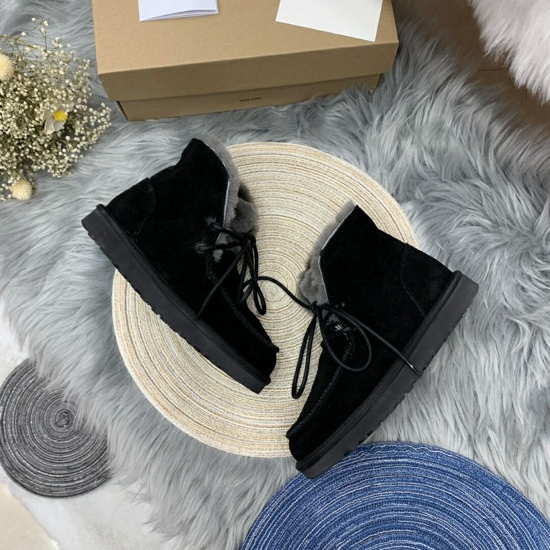 Black Faux Fur Lace-Up Ankle Boots – In Stock
