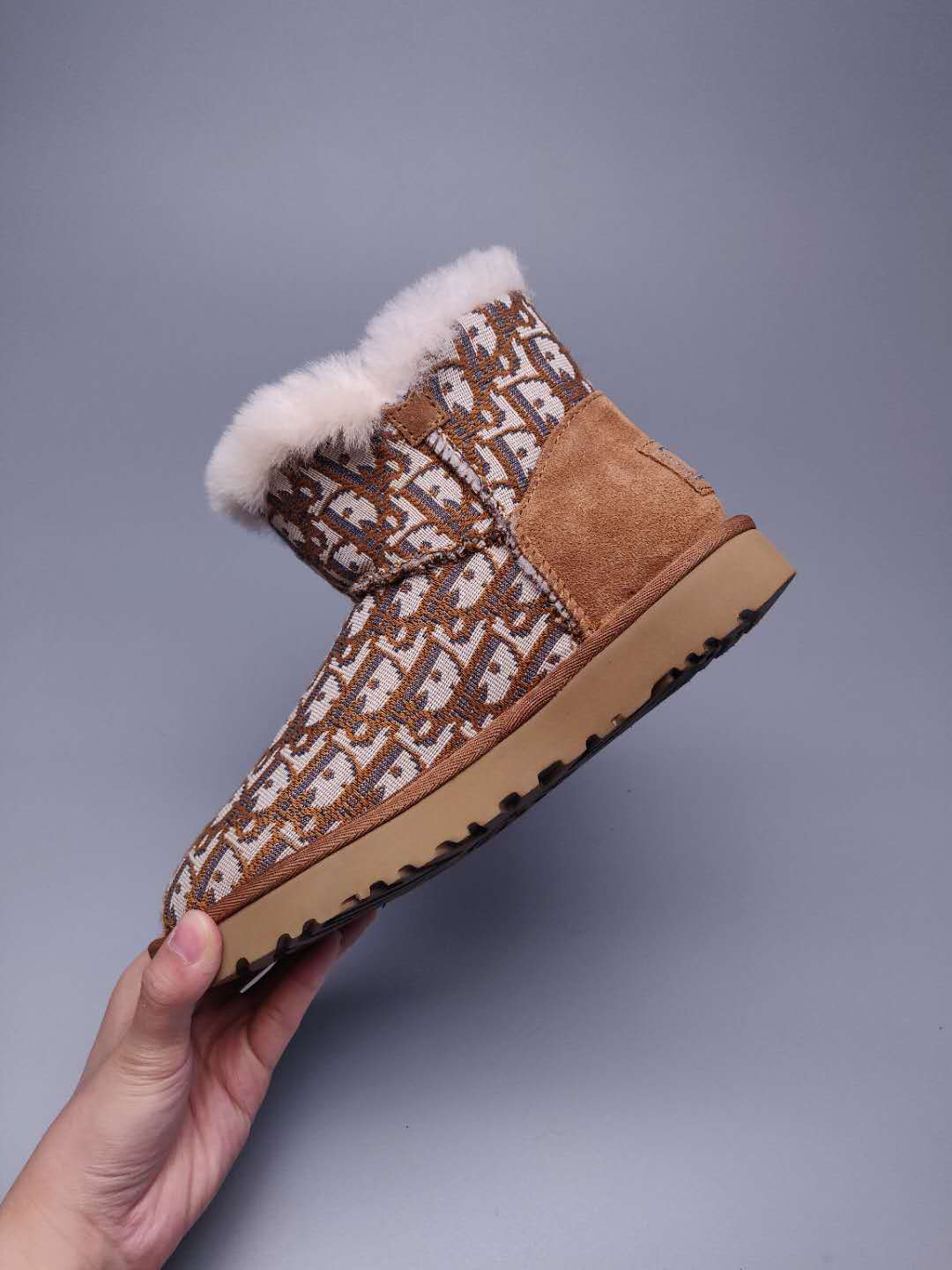 Chestnut Dior-Style Textile Pattern Boots – In Stock