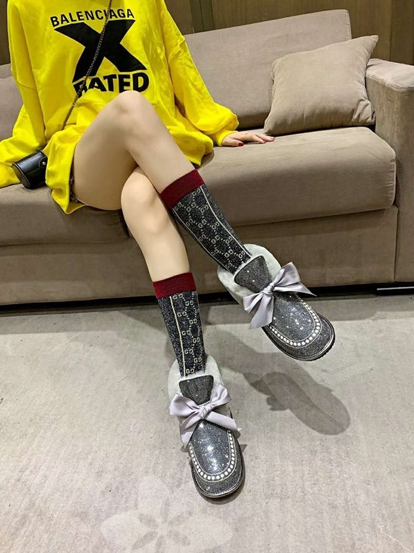 Mineral Grey Daisy Crystal Ribbon Shoes – In Stock