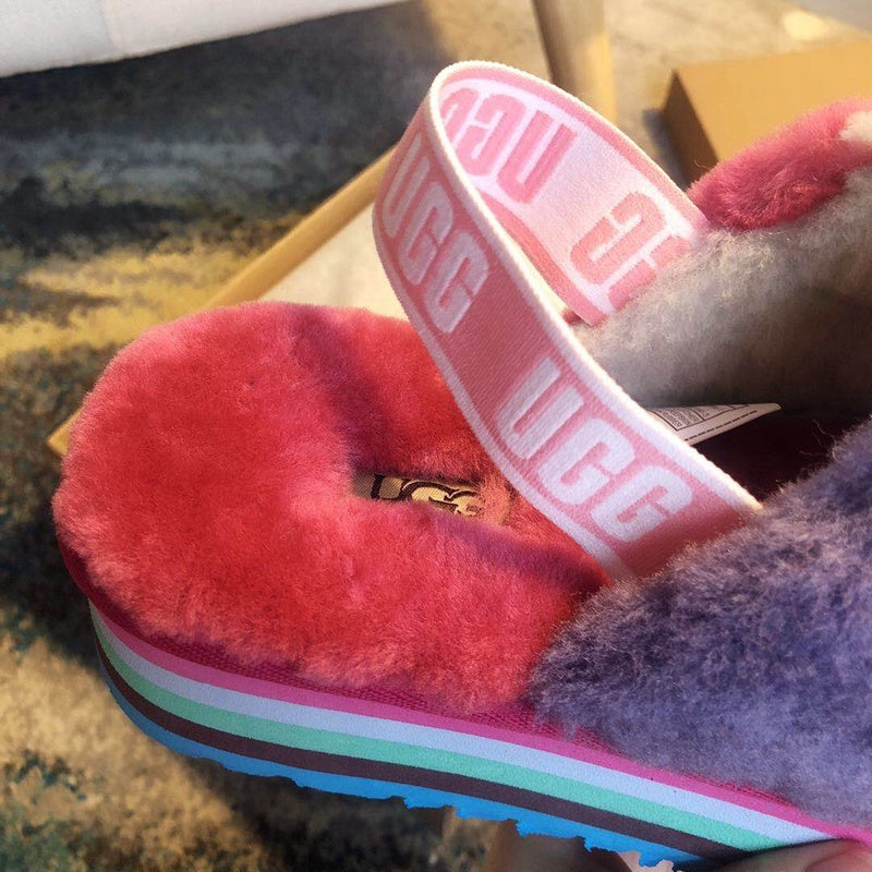 Rose Red Color-Block Fluffy Platform Sandals – In Stock