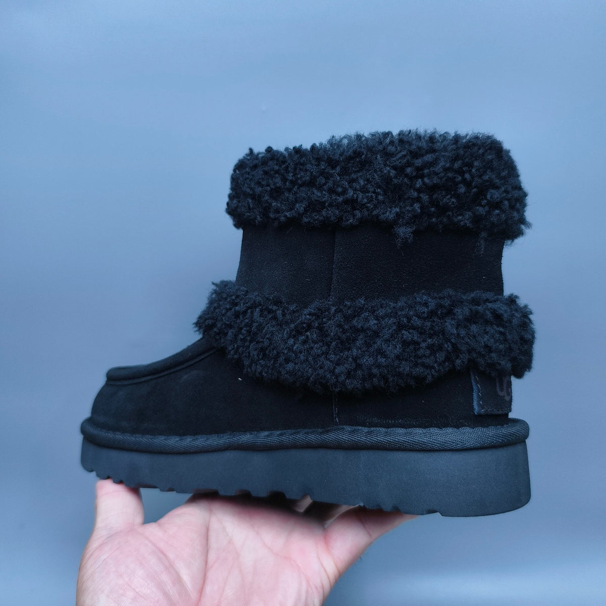 Black Curly Fur Big Logo Mid-Top Trendy Boots – In Stock