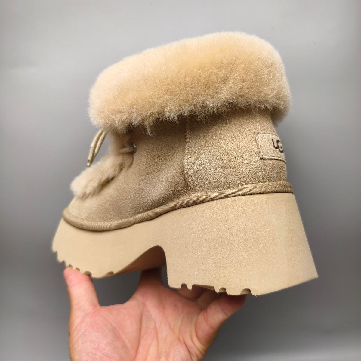Mustard Esme Wedge Ankle Boots – Fluffy Lace-Up Style | In Stock