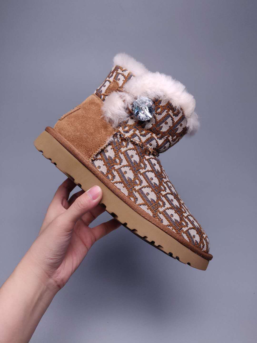 Chestnut Dior-Style Textile Pattern Boots – In Stock