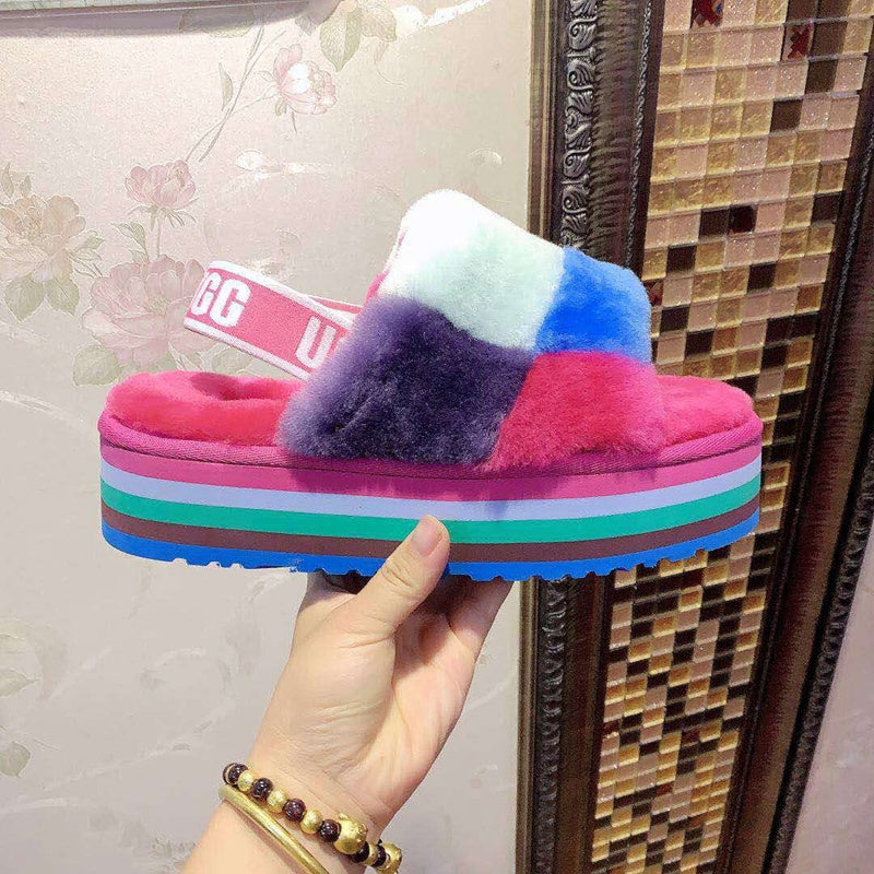 Rose Red Color-Block Fluffy Platform Sandals – In Stock