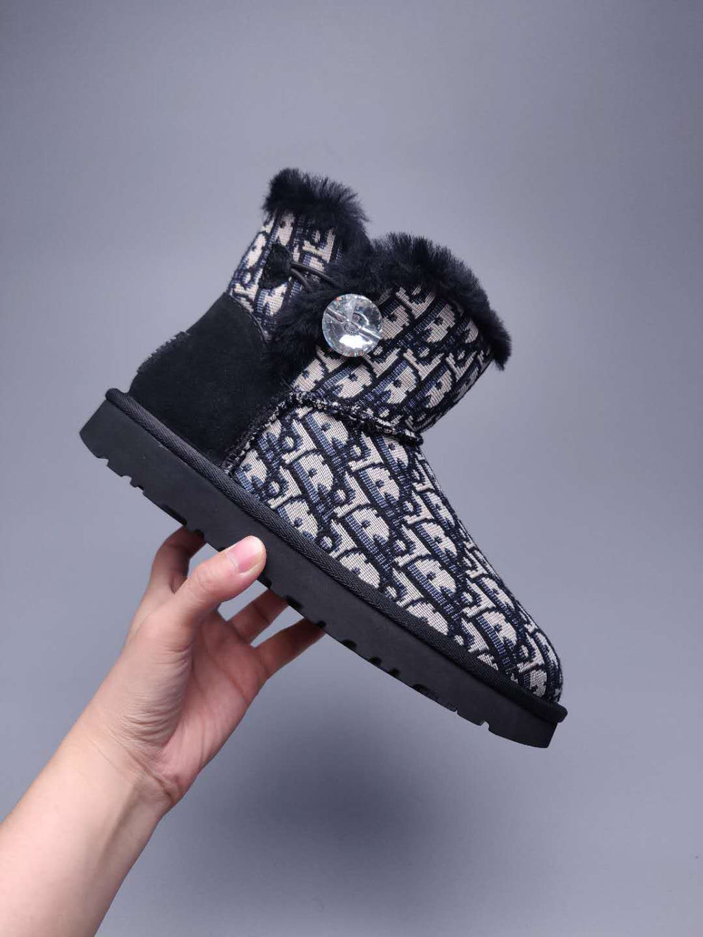 Black Dior-Style Textile Pattern Boots – In Stock