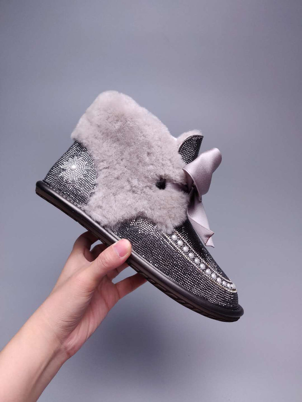 Mineral Grey Daisy Crystal Ribbon Shoes – In Stock