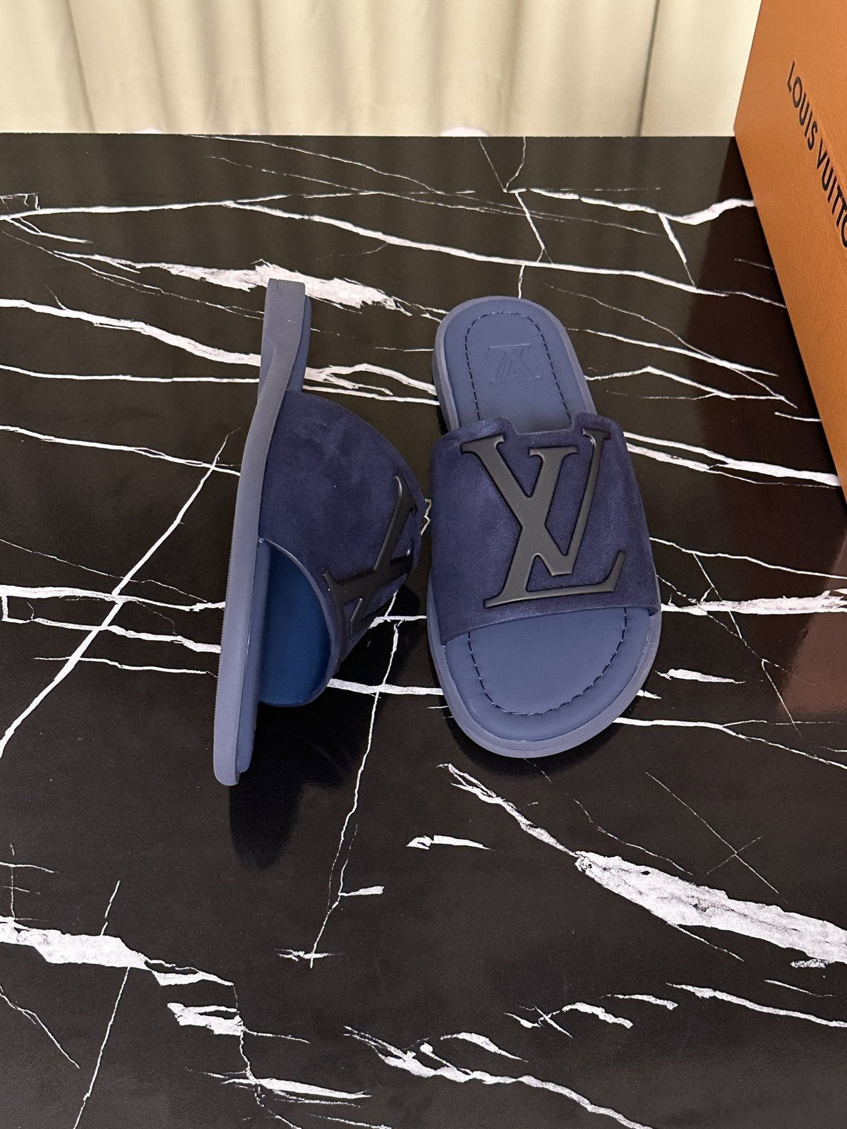 Louis Vuitton Men's Navy Blue Logo Slide Sandals