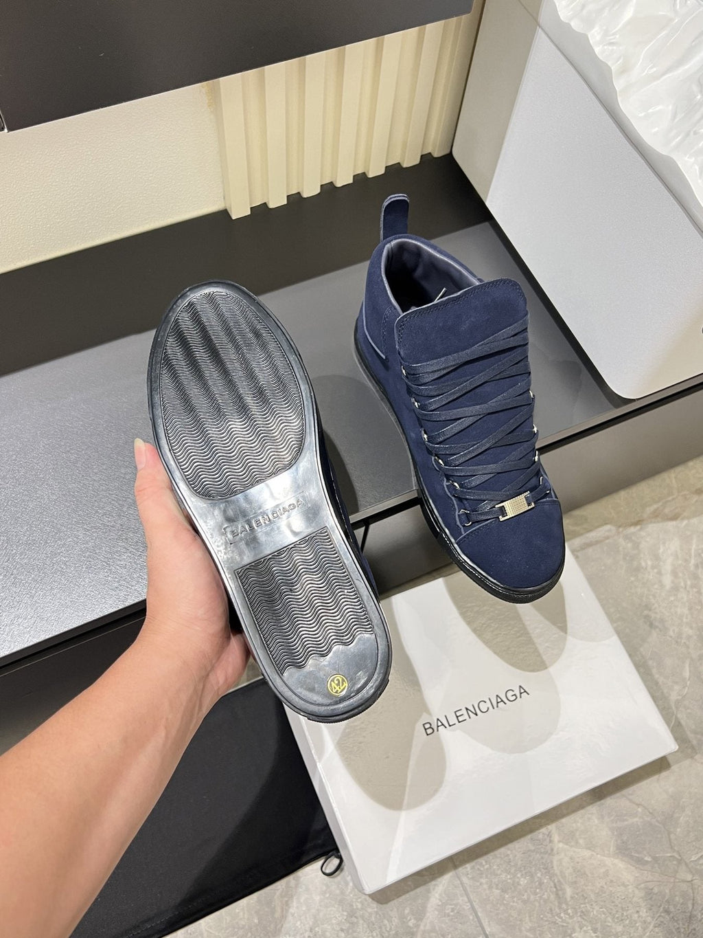 Balenciaga Navy Blue Lace-Up High-Top Sneakers